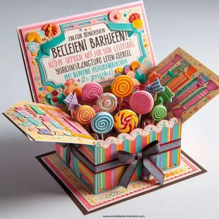 eine Geburtstagskarte, die sich zu einer 3D-Süßigkeitenschachtel mit bunten Mustern und Bändern auf der Außenseite entfaltet, die innen mit gemustertem Papier ausgekleidet ist, das an Süßigkeitenverpackungen erinnert