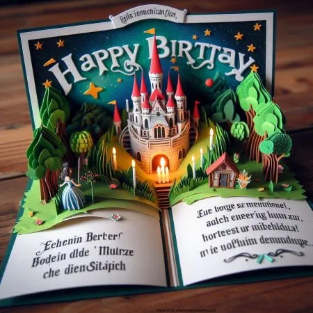 eine Geburtstagskarte, die einem Pop-up-Buch ähnelt, mit einer 3D-Szene eines Miniaturschlosses oder eines skurrilen Waldes und einer Botschaft in deutscher Sprache, die den Empfänger als Protagonisten seines eigenen Märchens darstellt, wobei sein Geburtstag ein neues aufregendes Kapitel darstellt