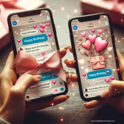 Eine Nahaufnahme von zwei Händen, die Smartphones mit Textnachrichten über Geburtstagswünsche und Herzen in der Hand halten