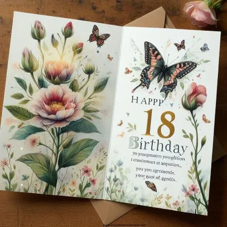 eine Geburtstagskarte mit einem floralen Thema, das den Übergang zum Erwachsensein feiert, mit eleganten Aquarellblumen und zarten Schmetterlingen, mit einem aufklappbaren Element, das eine blühende Knospe zeigt, die sich in eine Blüte verwandelt, und einer Botschaft über persönliches Wachstum und Neuanfänge mit 18