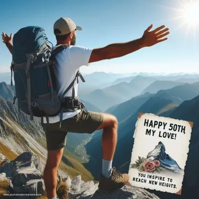 Ein Mann auf einem Berggipfel mit ausgestreckten Armen, der einen Rucksack mit einer Geburtstagskarte trägt, auf der steht: "Happy 50th, my love! Du inspirierst uns, neue Höhen zu erreichen".