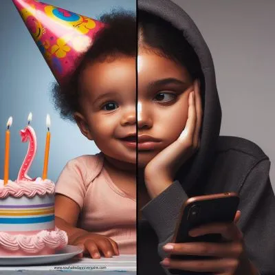 Ein geteiltes Bild. Auf der einen Seite ein süßes, unschuldig aussehendes Baby mit einem Geburtstagshut. Auf der anderen Seite ein Teenager mit einem gelangweilten Gesichtsausdruck und einem Telefon in der Hand.