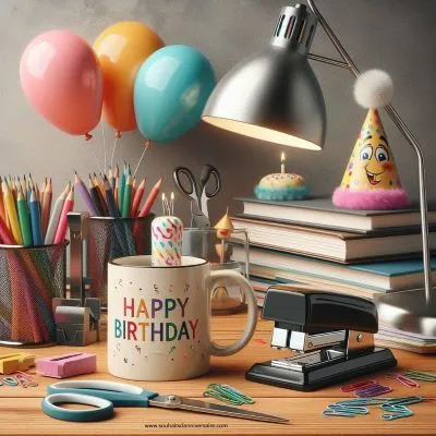 Ein fotorealistisches Bild eines Arbeitsplatzes, der mit bunten Büromaterialien überfüllt ist, darunter ein Hefter mit einem kleinen Geburtstagshut, ein Kaffeebecher mit einer lustigen Botschaft und ein einzelner Luftballon, der an einer Lampe befestigt ist.