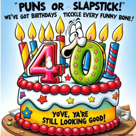 Ein farbenfroher Cartoon-Geburtstagskuchen mit Kerzen in Form von "40" und der Botschaft aus Zuckerguss 'Four-tunately, you're still looking good!' Caption: 'Puns or slapstick? We've got birthday wishes to tickle every funny bone.'
