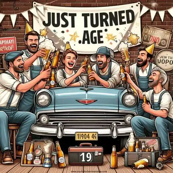 Ein Geburtstag von Männern mit Freunden, die mit Bierflaschen anstoßen und herzhaft lachen, ein Oldtimer mit einem Schild "Just turned [age]" und ein klassischer Werkzeugkasten mit einer witzigen Geburtstagsbotschaft.