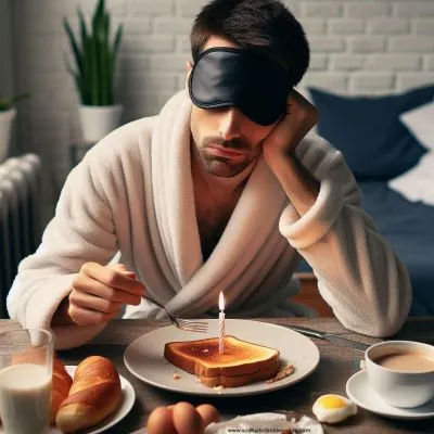 Ein fotorealistisches Bild eines Mannes, der an einem Geburtstagsfrühstückstisch sitzt, eine Schlafmaske und einen Bademantel trägt, ein halb aufgegessenes Frühstück vor sich hat und eine einzelne, angezündete Geburtstagskerze in ein Stück verbrannten Toast steckt.
