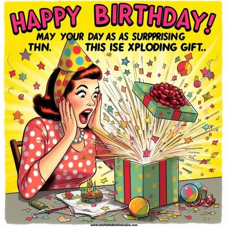 Eine humorvolle E-Card mit einer Karikatur einer Frau, die ein Geburtstagsgeschenk öffnet, das mit Konfetti explodiert, und dem Text 'Happy Birthday! May your day be as fun and surprising as this exploding gift.'