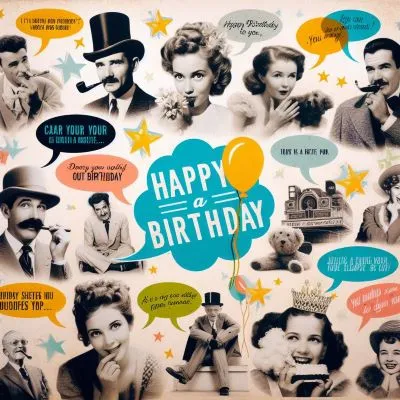 Eine skurrile Collage mit Vintage-Fotos von Berühmtheiten an verschiedenen Geburtstagen im Laufe der Geschichte. Jedes Foto ist mit einer Sprechblase mit einem Geburtstagsspruch versehen, wodurch eine lustige und verspielte Komposition entsteht.