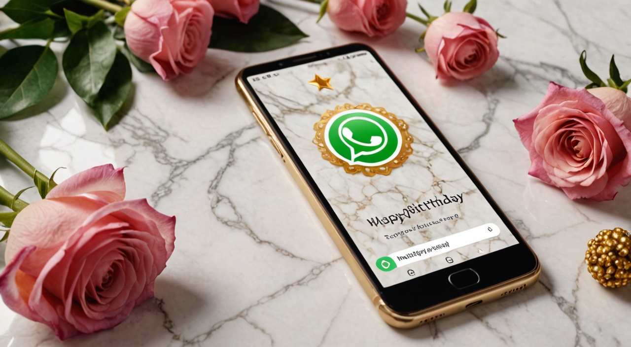 Ein Smartphone auf einer Marmoroberfläche, das eine schön gestaltete WhatsApp-Geburtstagsnachricht anzeigt, umgeben von einem Blumenstrauß, Seidenband und einem goldenen Stift, was eine elegante und feminine Atmosphäre schafft.