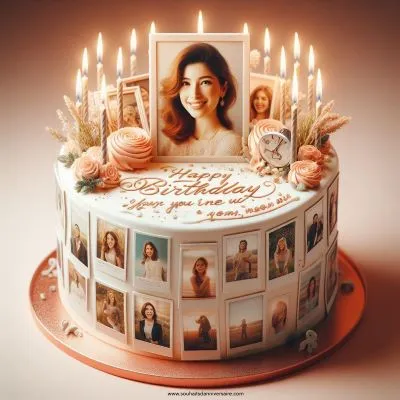 Eine mit Fotos und Erinnerungen geschmückte Geburtstagstorte. Präsentieren Sie eine schöne Geburtstagstorte mit brennenden Kerzen. Dekorieren Sie die Torte mit kleinen, gerahmten Fotos, die verschiedene Lebensabschnitte der Frau darstellen.