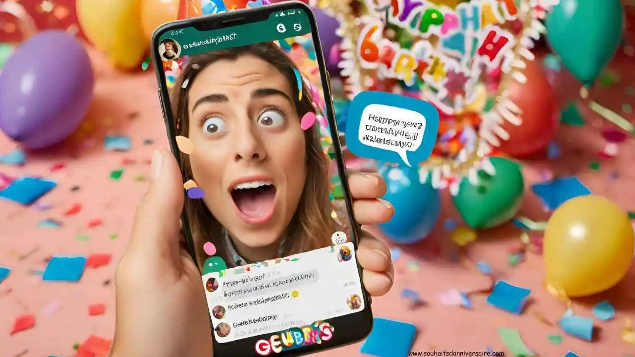 Cartoon Telefon überfüllt mit Geburtstagsballons und Konfetti auf einem WhatsApp-Chat-Fenster, umgeben von einer festlichen Geburtstagsszene. "Geburtstagswünsche whatsapp Bilder" Text enthalten.