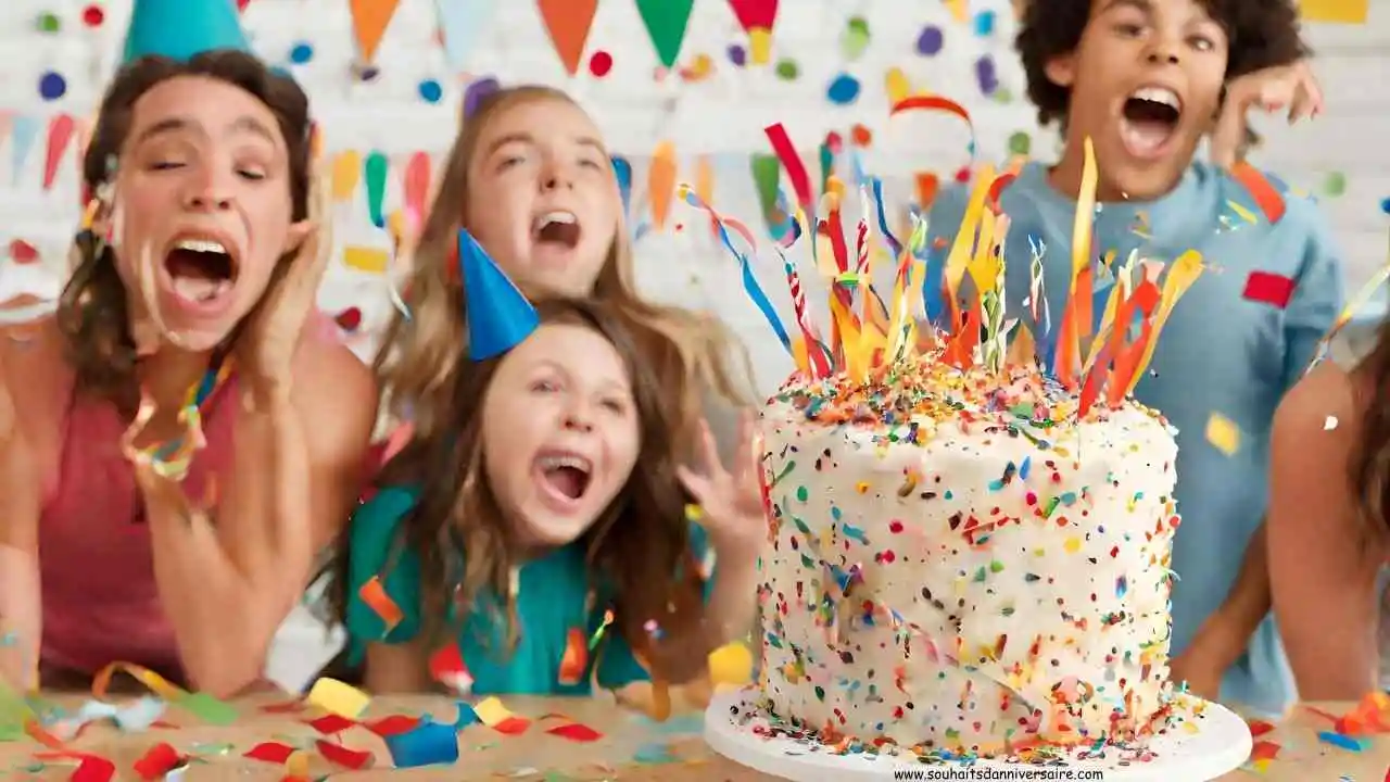 Eine fotorealistische Geburtstagstorte explodiert in einem Konfetti- und Luftschlangen-Wahnsinn. Lustige Geschenke und Partygäste.