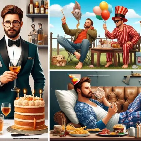Eine Collage aus drei Bildern: ein Mann, der sich für ein schickes Geburtstagsessen in einem Restaurant herausgeputzt hat, ein anderer Mann, der mit Freunden bei einem Barbecue im Garten chillt, und ein dritter Mann, der sich in seinem Pyjama mit einem Stück Kuchen entspannt.