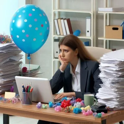 eine Frau im Anzug, die an einem mit Arbeit überladenen Schreibtisch sitzt, in dessen Ecke traurig ein einzelner Geburtstagsballon schwebt