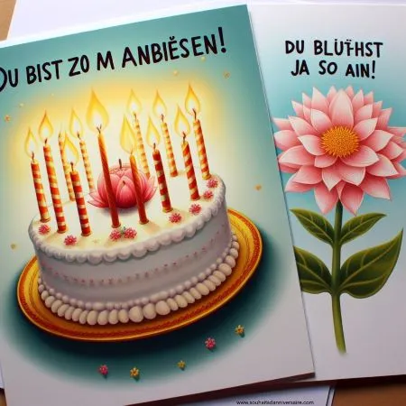 Geburtstagskarte mit einer Illustration eines Kuchens mit brennenden Kerzen und dem Spruch "Du bist zum Anbeißen!" oder einer blühenden Blume mit "Du blühst ja so auf!