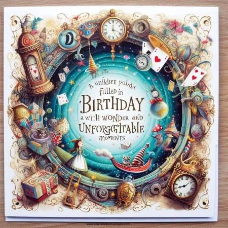 eine Geburtstagskarte, die wie ein Portal zu einer skurrilen Welt mit skurrilen Illustrationen, Spielkarten oder Uhren aussieht, und eine Nachricht, die dem Empfänger einen Geburtstag voller Wunder und unvergesslicher Momente wünscht
