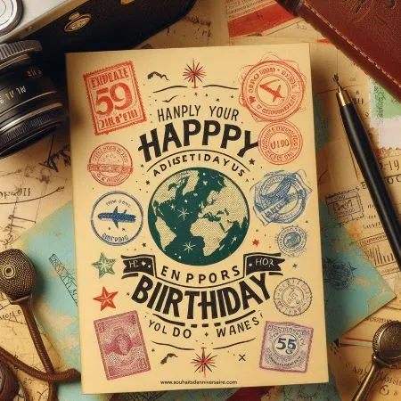 eine Geburtstagskarte für WhatsApp zum Thema Reisen mit einem von Reisepässen inspirierten Design, das mit Briefmarken von unvergesslichen Reisezielen verziert ist, und einer Botschaft voller Fernweh, die den Empfänger einlädt, neue Horizonte zu entdecken