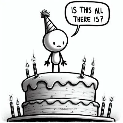 Ein Cartoonbild eines Strichmännchens, das auf einer riesigen Geburtstagstorte steht und den Betrachter mit einem verwirrten Gesichtsausdruck anschaut, mit einer Sprechblase, in der steht: "Ist das alles, was es gibt?