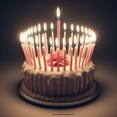 Ein Foto eines Geburtstagskuchens mit einer einzigen brennenden Kerze obenauf. Um den Boden des Kuchens herum stehen Dutzende von unbeleuchteten Kerzen, die alle bedenklich schief stehen.