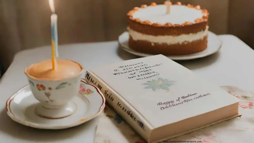 Geburtstagstorte mit Sternbildern anstelle von Kerzen und ein Buch mit philosophischen Geburtstagswünschen.
