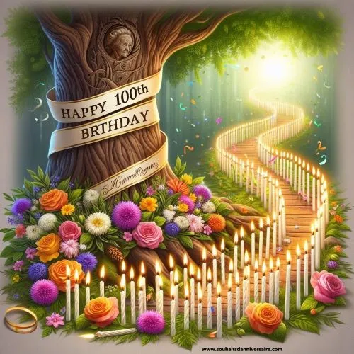 Eine Spur von 100 brennenden Kerzen, die zu einer Geburtstagsinschrift führt, ein Strauß bunter Blumen mit einer Schleife im Stil des Jahrhunderts und ein majestätischer Baum, in dessen Rinde "Happy 100th Birthday" eingeritzt ist.