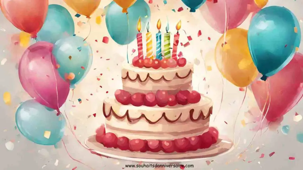 Ein liebevolles, von Herzen kommendes Geburtstagsbild mit Luftballons und einem Kuchen, der Wärme und Glückwünsche ausdrückt.
