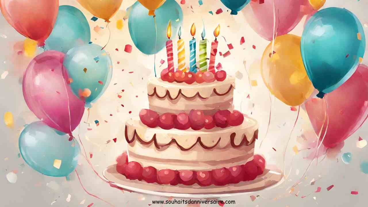 Ein liebevolles, von Herzen kommendes Geburtstagsbild mit Luftballons und einem Kuchen, der Wärme und Glückwünsche ausdrückt.