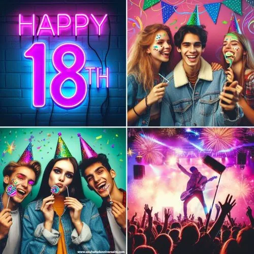 Feier zum 18. Geburtstag mit Neonlichtern, die eine skurrile Botschaft bilden, Freunden, die ein Selfie mit verspielten Filtern machen, und einer lebhaften Musikfestivalszene mit einem "Happy 18th!"-Banner.