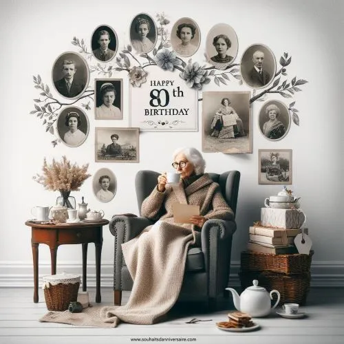 Ein Schwarz-Weiß-Foto, das mit einem aktuellen Farbfoto überlagert ist, ein gemütlicher Sessel mit einer Decke, Tee und einer Geburtstagskarte sowie ein Stammbaum mit der Nachricht "Happy 80th Birthday".
