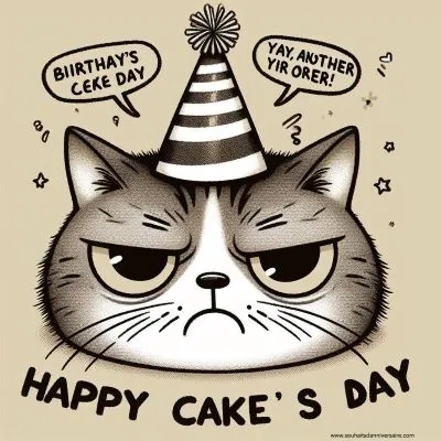 Ein Cartoonbild einer mürrischen Katze mit einem Geburtstagshut und winzigen Sprechblasen mit sarkastischen Sätzen wie "Happy Cake Day" und "Yay, ein Jahr älter".