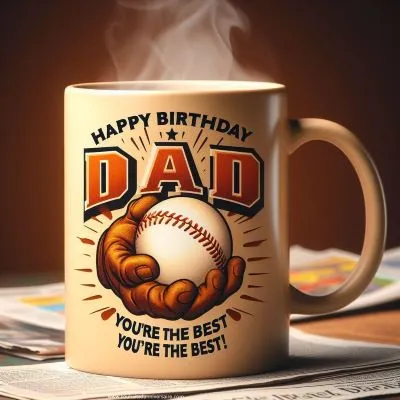 Eine Nahaufnahme einer warmen Keramiktasse mit aufsteigendem Dampf, der auf ein köstliches Getränk im Inneren hindeutet. Die Tasse zeigt ein Design, das einem Vater gefallen würde, z. B. ein Sportteam oder einen lustigen Spruch. Die Tasse lehnt an einem Zeitungsstapel, mit einer handgeschriebenen Nachricht, die lautet: "Happy Birthday, Dad! Du bist der Beste!" steht.