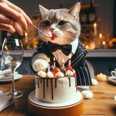 eine Katze im winzigen Smoking, die auf einer Geburtstagstorte balanciert und versucht, den Zuckerguss abzulecken