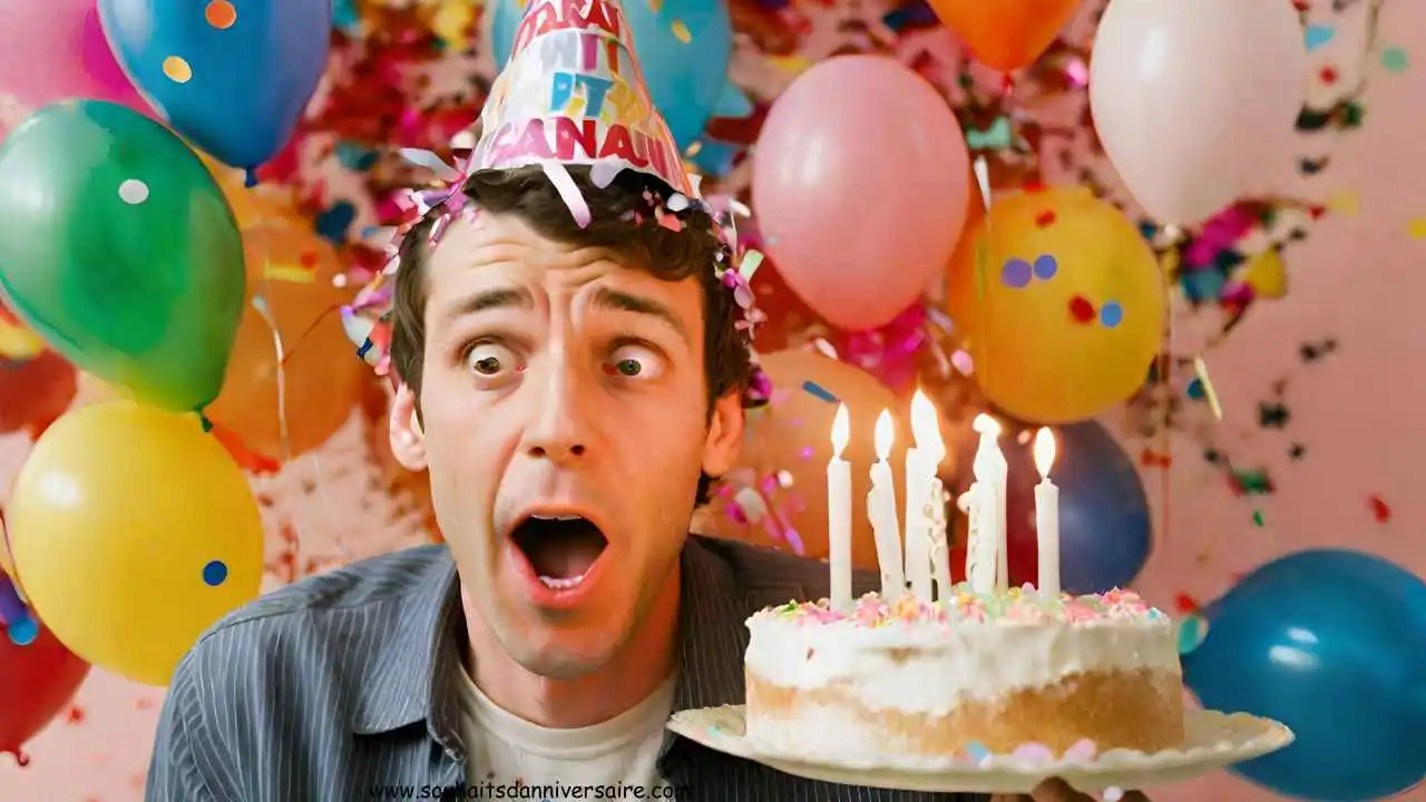 Ein lustiger Mann mit einem Geburtstagshut, der einen Kuchen mit Kerzen und Luftballons hält