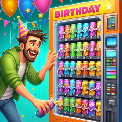 Eine Geburtstagsumgebung mit einem farbenfrohen Automaten, der mit bunten Dosen überquillt, jede mit einem verspielten Spruch versehen, und einem Mann mit einem schelmischen Grinsen, der nach einer Dose greift