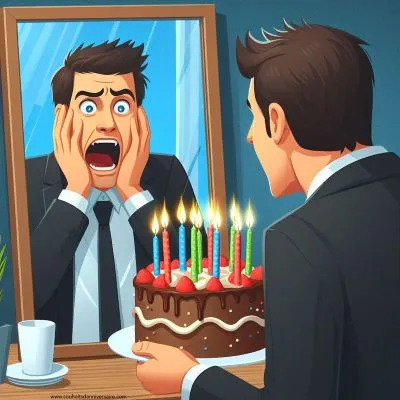 eine Person im Anzug, die mit schockierter Miene in einen Spiegel blickt, in dem ihr Spiegelbild eine Geburtstagstorte mit vielen Kerzen hält