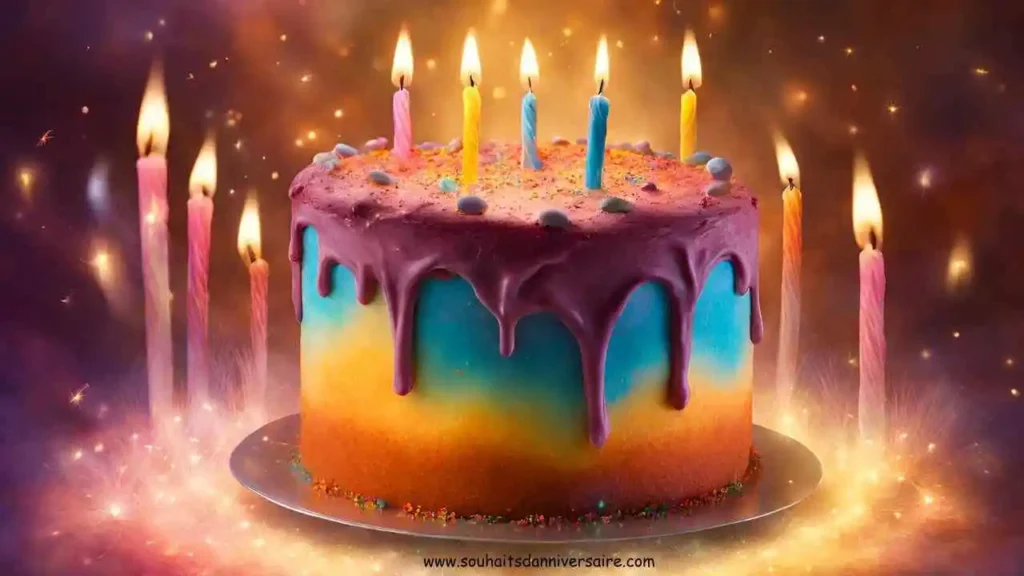 Geburtstagstorte mit bunter Gasnebel-Glasur, symbolisiert tiefe und bedeutungsvolle Geburtstagswünsche.