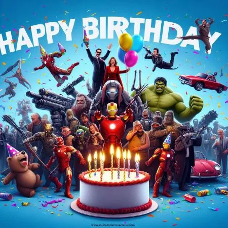 ein Geburtstagsbild, das sich auf einen bestimmten Film, eine Fernsehsendung oder ein Videospiel bezieht und einen Geburtstags-Twist hat, mit Superhelden, die eine Konfetti-Party schmeißen, Zeichentrickfiguren, die "Happy Birthday" singen, oder ikonischen Filmrequisiten, die in Geburtstagsdekorationen verwandelt werden