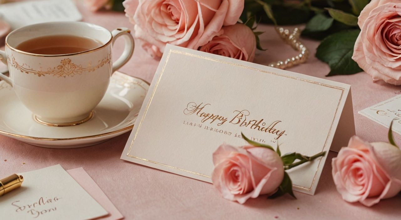 Eine kleine Geburtstagskarte mit einer liebevollen Botschaft, platziert auf einem gemütlichen Schreibtisch mit einer rosa Rose, einem zarten Armband und einer Tasse Tee, was eine warme und liebevolle Atmosphäre schafft.