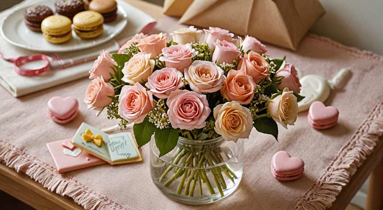 Eine süße und herzliche Geburtstagsszene mit einer charmanten handgemachten Karte, zarten Geschenken, bunten Macarons und frischen Blumen, die eine gemütliche und warme Atmosphäre schaffen.