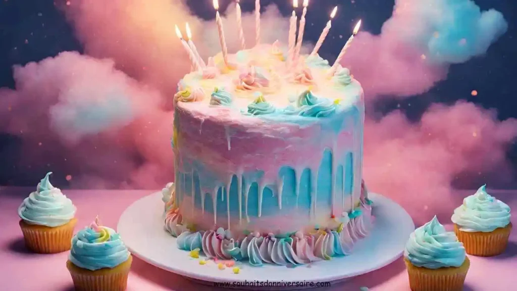 Surrealer Geburtstagskuchen mit leuchtender Aura, umgeben von pastellfarbenen Cupcakes und zarten Wolken.