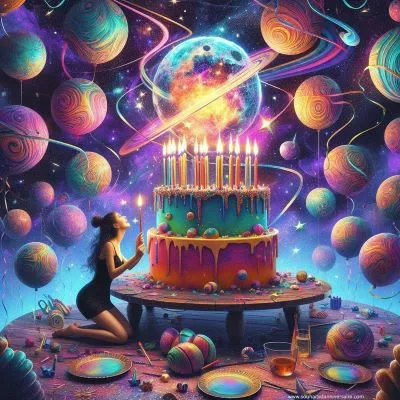 Eine lebendige Geburtstagsszene mit Surrealismus. Ein Geburtstagskuchen in der Mitte mit Kerzen in Form von Planeten. Luftschlangen wie kosmischer Staub. Eine Person beugt sich über den Kuchen und betrachtet einen in eine Galaxie verwandelten Geburtstagsballon.