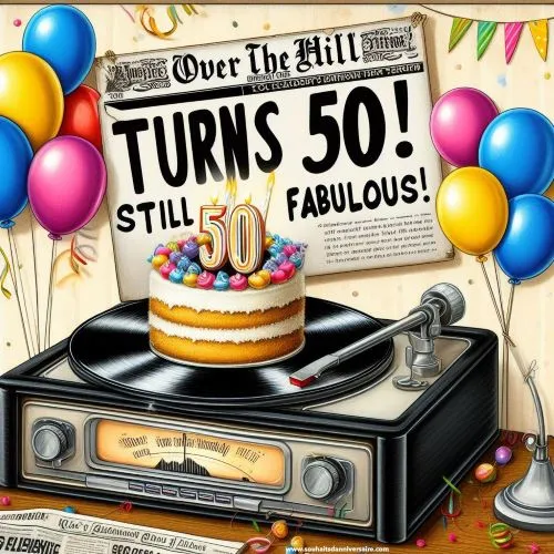 Ein alter Plattenspieler mit einer Geburtstagstorte, die sich auf dem Plattenteller dreht, ein verspieltes "Over the Hill"-Schild mit Luftballons und Luftschlangen und eine nachgemachte Zeitungsschlagzeile mit der Aufschrift "[Name] wird 50! Immer noch fabelhaft!'