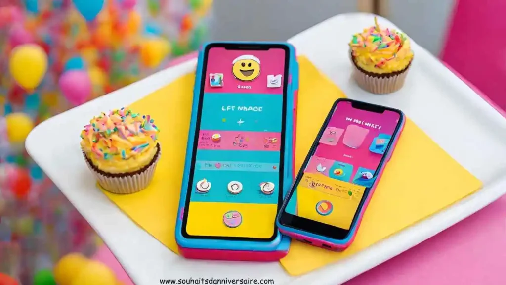 Geteilte Smartphone-Bildschirme, Geburtstagstisch, Torte. Linke Nachricht: Basic. Rechte Nachricht: Kreativ mit Emojis/GIF.