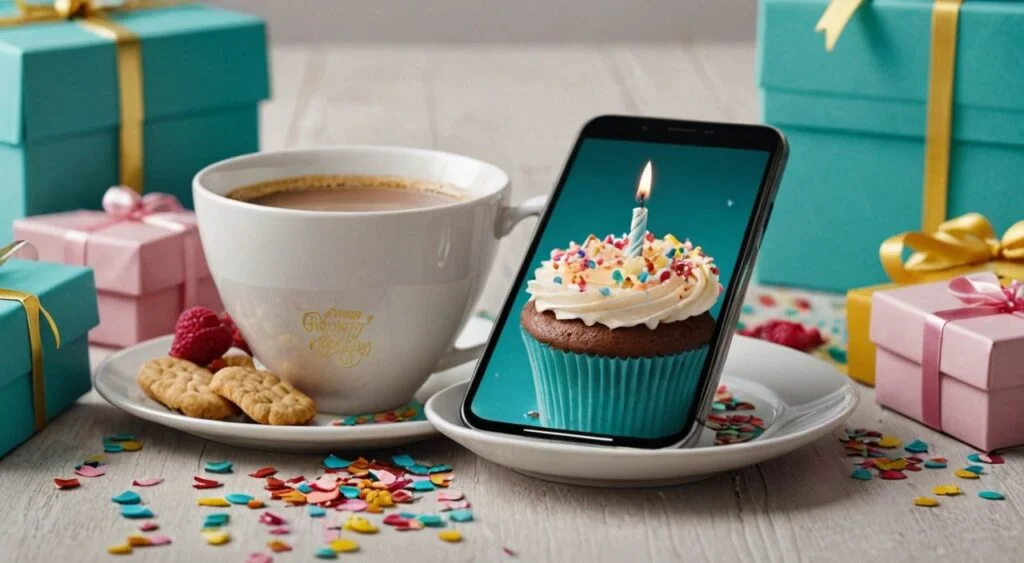 Ein Smartphone, das eine schön gestaltete Geburtstagsnachricht auf WhatsApp anzeigt, umgeben von lebendigen Elementen wie Kaffee, Konfetti und kleinen Geschenkboxen, die eine moderne und fröhliche Atmosphäre schaffen.