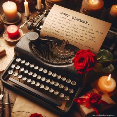Eine alte Schreibmaschine auf einem Schreibtisch mit einer roten Rose daneben, ein halb getippter Brief mit romantischen Geburtstagswünschen und sanftes Kerzenlicht, das eine warme Atmosphäre schafft