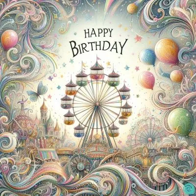 eine bezaubernde Geburtstagskarte, die von der Magie des Karnevals inspiriert ist, mit wirbelnden Riesenrädern und buntem Konfetti, die den Geist von Spaß und Aufregung für einen Geburtstag voller Lachen und Freude einfangen