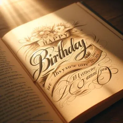 Eine fotorealistische Nahaufnahme eines aufgeschlagenen Buches mit einem in eleganter Kalligrafie handgeschriebenen Geburtstagsspruch auf der vergilbten Seite. Sonnenlicht strömt durch ein nahes Fenster und wirft warmes Licht auf die Seite.