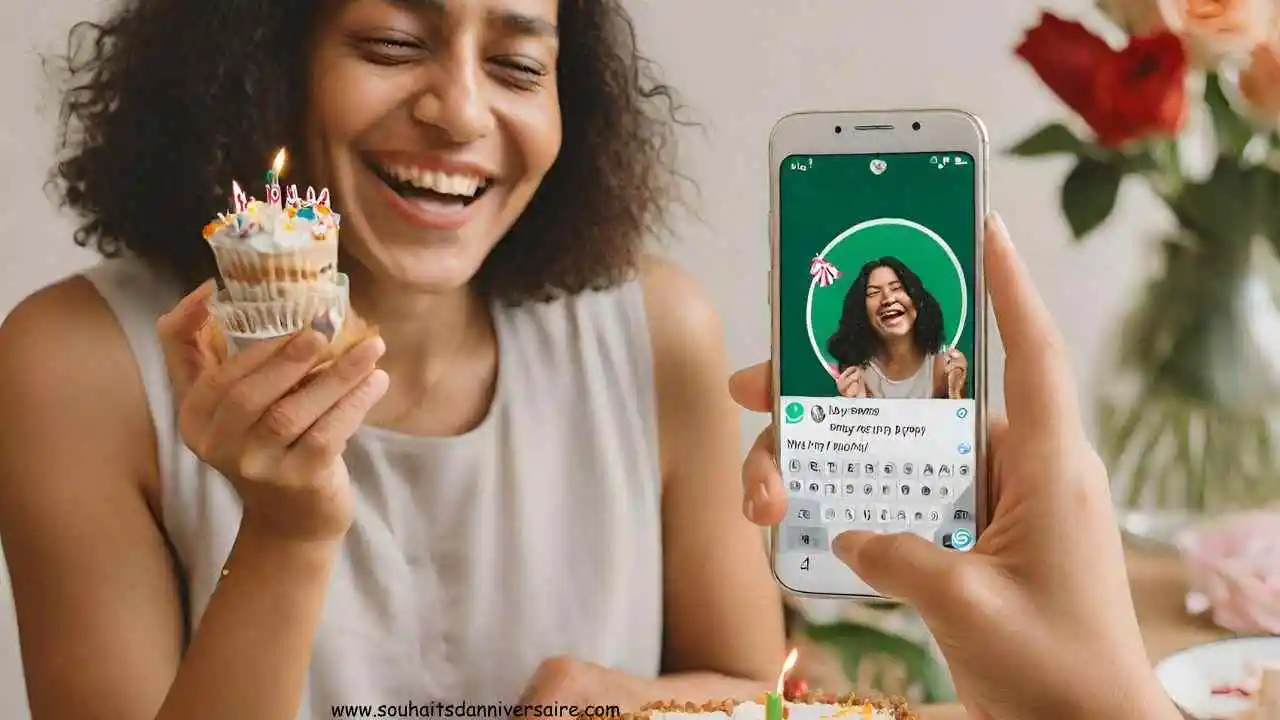 Frau mit Kuchen und whatsapp Bilder Grüße Poping auf ihrem Bildschirm