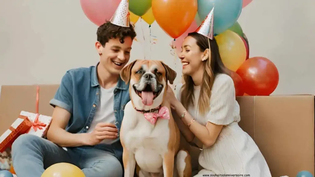 Romantisches Geburtstagsgeschenk: Freundin, Freund und süßer Hund feiern zusammen - Geburtstagsgrüße für die Freundin