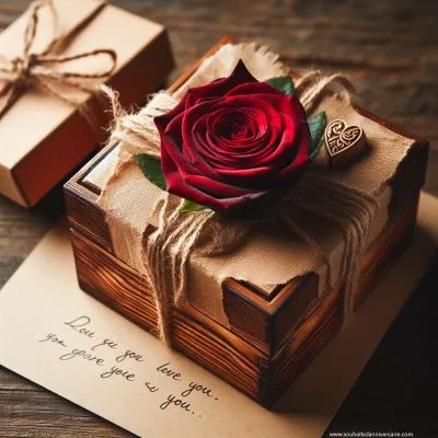Eine Nahaufnahme einer handgefertigten hölzernen Geschenkbox, eingewickelt in rustikales braunes Papier mit einer tiefroten Rose. Der Deckel ist leicht geöffnet und gibt den Blick frei auf ein personalisiertes Geschenk und eine handgeschriebene Notiz, die Liebe und beste Wünsche ausdrückt.